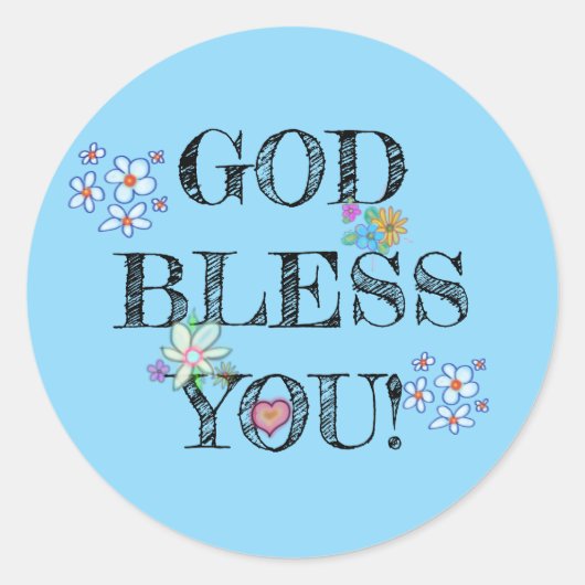 ブルーのフラワー「God Bless You」 ラウンドシール (正面)