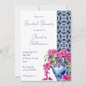 ブルーのフランスタイルのタイルとボガインビリアのウェディングシャワー 招待状 (正面)
