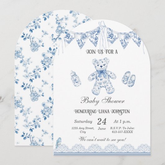ブルーのフランスベアー ベイビーボーイシャワーの招待状 招待状 (正面/裏面)