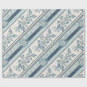 ブルーのフランス製ヴィンテージ フラワー ストライプ包装紙 ラッピングペーパー (フラット)