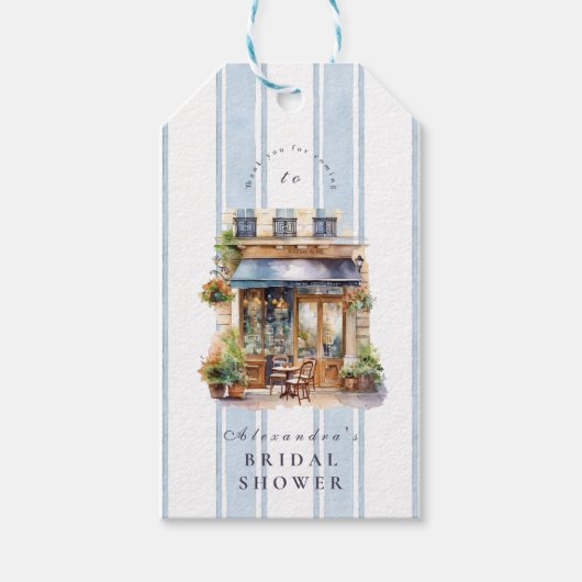 ブルーのフレンチカフェ ブライダルシャワー ギフトタグ (正面)