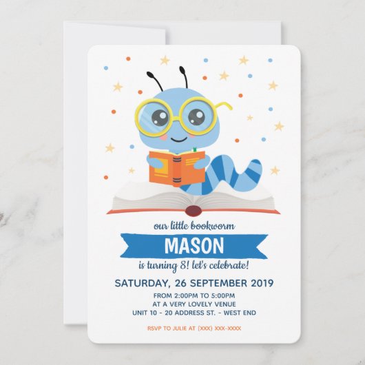 ブルーのブックワームの本の誕生日パーティー 招待状 (正面)