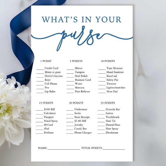 ブルーのブライダルシャワー用の「What's In Your Purse Game」 (Fun Bridal Shower Game)