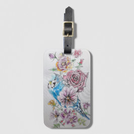 ブルーのブルージェイ 赤いバラの花の水彩画スーツケースタグ ラゲッジタグ