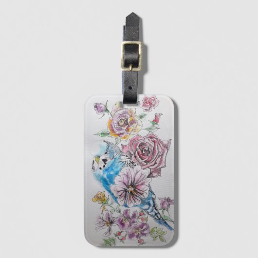 ブルーのブルージェイ 赤いバラの花の水彩画スーツケースタグ ラゲッジタグ (正面縦)