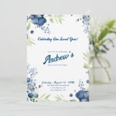 ブルーのベリーがテーマの1歳誕生日カード！ 誕生日おめでとう！ 招待状 (スタンド正面)