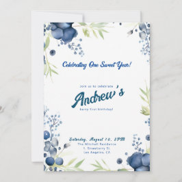 ブルーのベリーがテーマの1歳誕生日カード！ 誕生日おめでとう！ 招待状