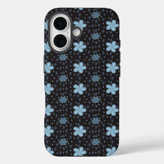 ブルーのペイズリーの花柄 iPhone 16 ブラック カバー (裏面)