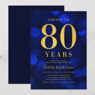 ブルーのボケ ゴールド 80年の誕生日パーティーにお祝いを 招待状