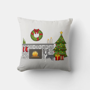 ブルーのボストンテリアがいるクリスマスの部屋 クッション