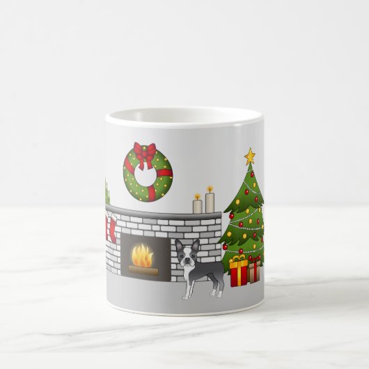 ブルーのボストンテリアがいるクリスマスの部屋 コーヒーマグカップ (中央)