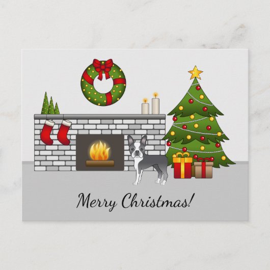ブルーのボストンテリアがいるクリスマスの部屋 ポストカード (正面)