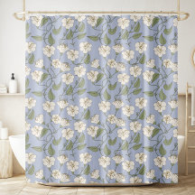 ブルーのボタニカルなコテージ風の花柄シャワーカーテン