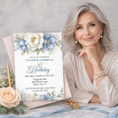 ブルーのマグノリアと芍薬の華やかな60歳の誕生日 招待状