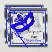 ブルーのマスカレード・キンセアニエラ 15歳の誕生日パーティー 招待状 (正面/裏面)