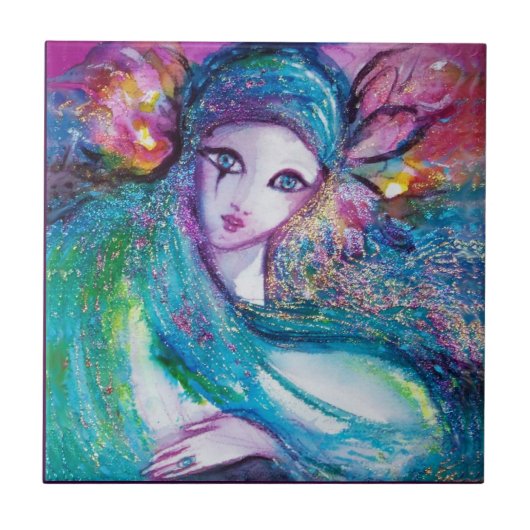 ブルーのマスク/ベネチアンマスカレードボール，ティール（緑がかった色） タイル (正面)