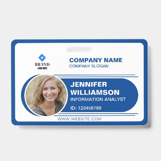 ブルーのミニマルなタグ ビジネス QR 従業員写真ID バッジ (正面)