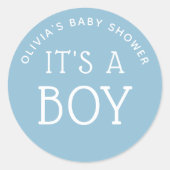 ブルーのミニマルな出産祝いラベル。男の子が生まれる! ラウンドシール (正面)