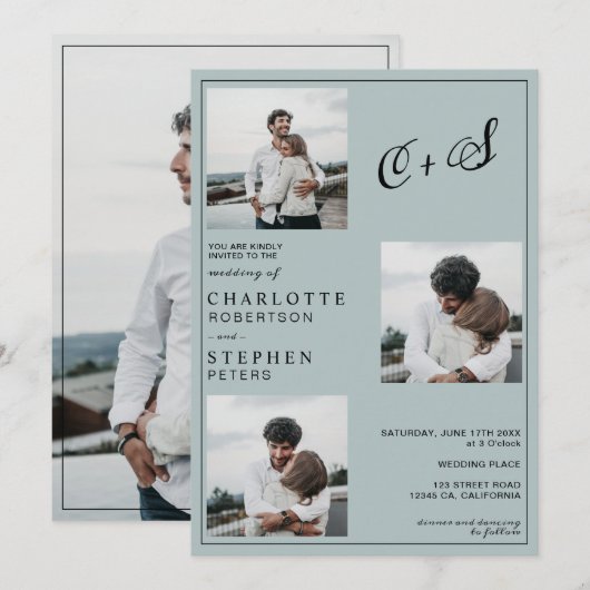 ブルーのミニマルカジュアルイニシャル写真ウェディング 招待状 (正面/裏面)