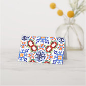 ブルーのメキシカンカラフルタイル ブライダルシャワー印刷 プレイスカード (裏面)