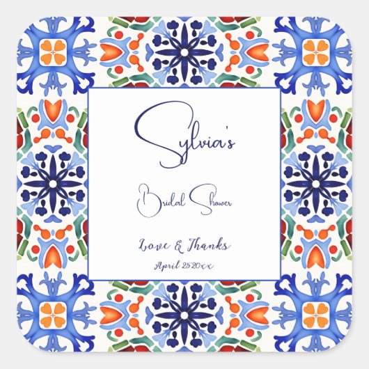 ブルーのメキシカンカラフルタイル ブライダルシャワー フェイバー スクエアシール (正面)