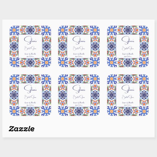 ブルーのメキシカンカラフルタイル ブライダルシャワー フェイバー スクエアシール (シート)