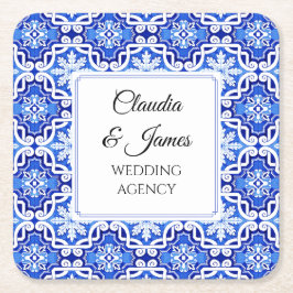 ブルーのメディテレーニアンポルトガルアズーレホ水彩 スクエアペーパーコースター