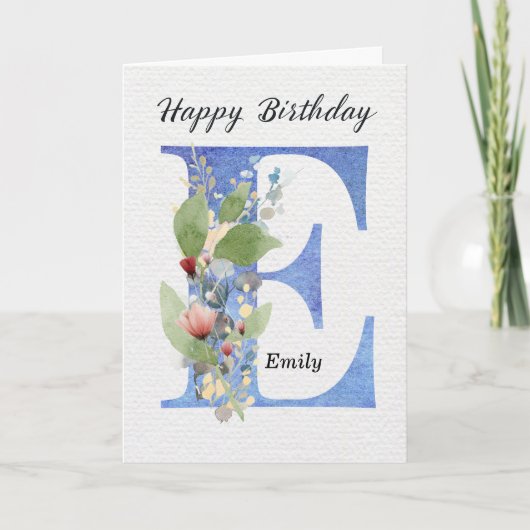 ブルーのモノグラムのEの誕生日 名前入り カード (正面)