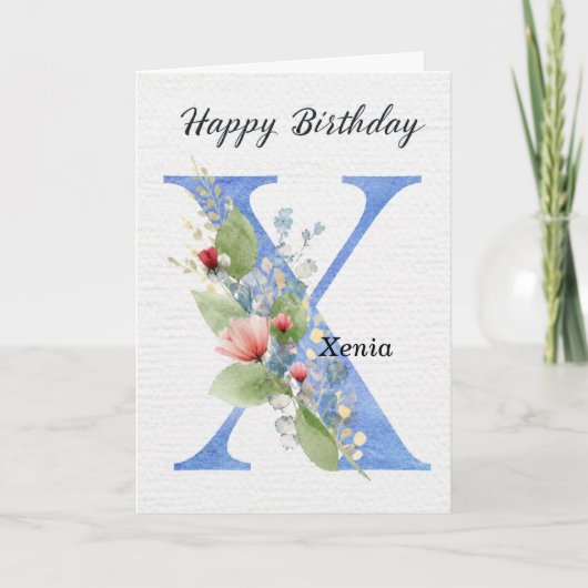 ブルーのモノグラムのXの誕生日 名前入り カード (正面)