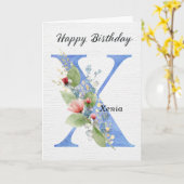 ブルーのモノグラムのXの誕生日 名前入り カード (黄色い花)