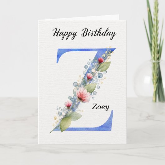 ブルーのモノグラムのZの誕生日 名前入り カード (正面)