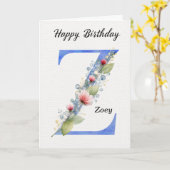 ブルーのモノグラムのZの誕生日 名前入り カード (黄色い花)
