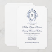 ブルーのモノグラム結婚式招待状 招待状 (正面/裏面)