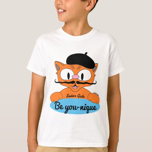 ブルーのユニークな(Be unique)カートゥーン・マスタッシュ猫 Tシャツ (正面)