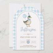 ブルーのラッキーダックバルーン 1歳の誕生日アーチ 招待状 (正面)