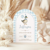 ブルーのラッキーダックバルーン 1歳の誕生日アーチ 招待状