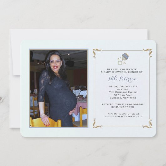 ブルーのラトル フォト ベビーシャワー 招待状 (正面)