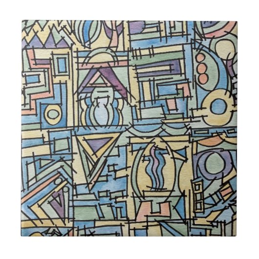 ブルーのリズム モダン幾何学的水彩アート タイル (正面)
