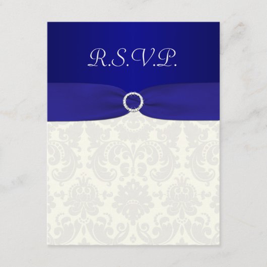 ブルーのリボンとアイボリーのダマスク織りの返信カード（印刷イメージ） 出欠カード (正面)