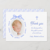 ブルーのリボンとオーバルフレームの洗礼感謝カード 招待状 (正面/裏面)