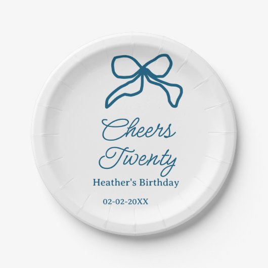 ブルーのリボンの誕生日bohoレトロ二十歳の名前入り ペーパープレート (正面)