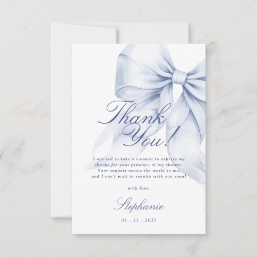 ブルーのリボン ウェディングシャワーの感謝カード サンキューカード (正面)