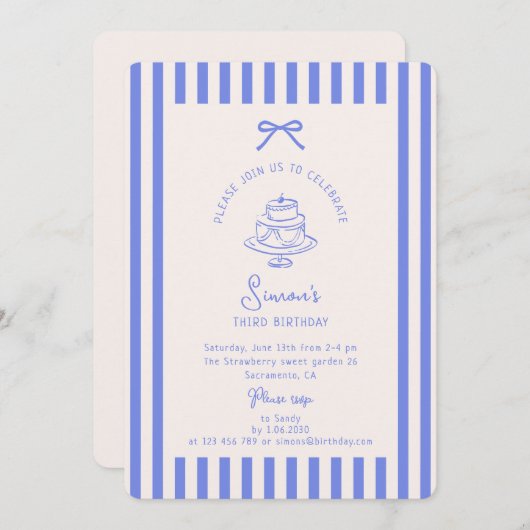 ブルーのリボン、ストライプのブルーの誕生日 招待状 (正面/裏面)