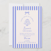 ブルーのリボン、ストライプのブルーの誕生日 招待状 (正面)