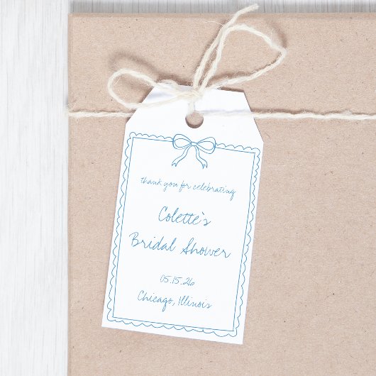 ブルーのリボン 手描き ウェディングシャワーのお礼 ギフトタグ
