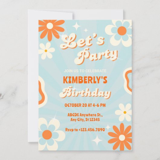 ブルーのレトロでカッコいい誕生日 招待状 (正面)