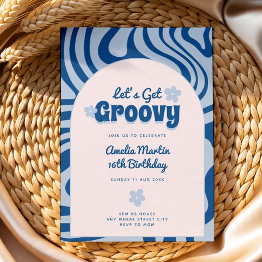 ブルーのレトロな誕生日招待状 Let's Get Groovy 招待状