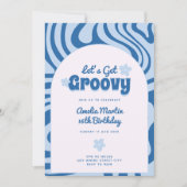 ブルーのレトロな誕生日招待状 Let's Get Groovy 招待状 (正面)