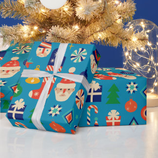 ブルーのレトロクリスマスサンタとオーナメントのコラージュ ラッピングペーパー