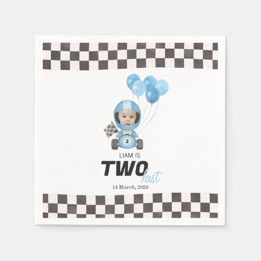 ブルーのレーシングカーのカスタムフォト 2歳の誕生日 スタンダードカクテルナプキン (正面)